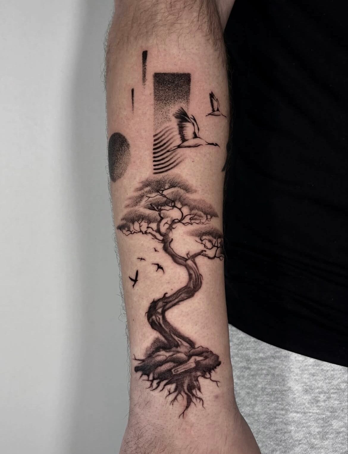 Collage-Style Black And Gray Bonsai Tree Forearm Tattoo