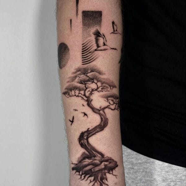 Collage-Style Black And Gray Bonsai Tree Forearm Tattoo