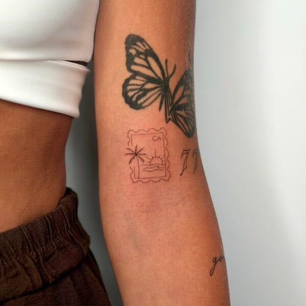 Fine Line California Stamp Tattoo With Sunset And Palm Tree On Arm