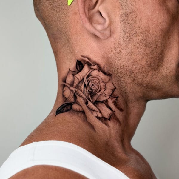 Rose Neck Tattoo In Black Ink
