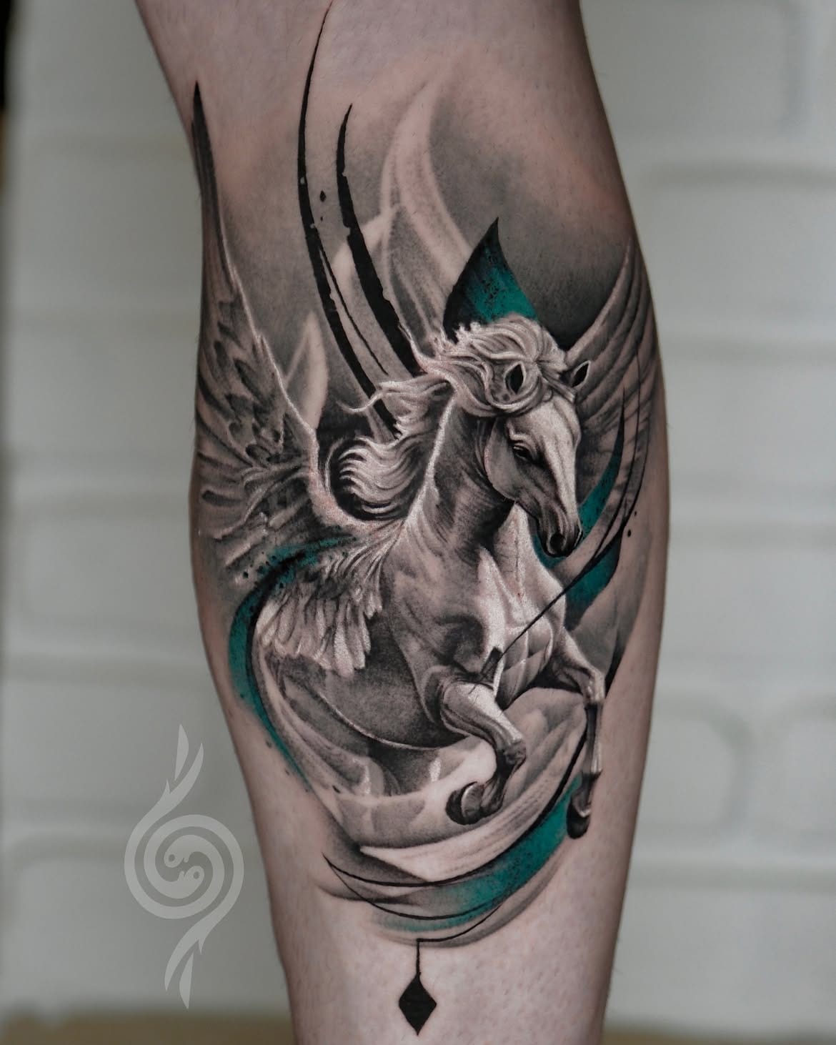 Realistic Pegasus Tattoo On Lower Leg