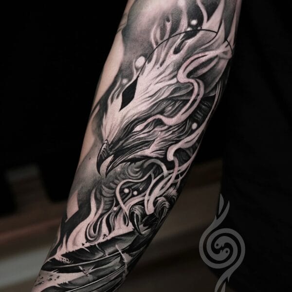 Realistic Bird And Feather Forearm Tattoo In Black And Gray