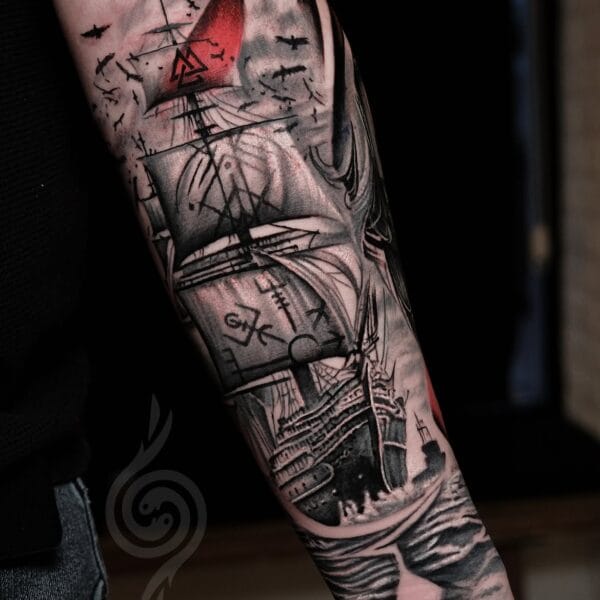 Realistic Sailing Ship Arm Tattoo With Norse Symbols