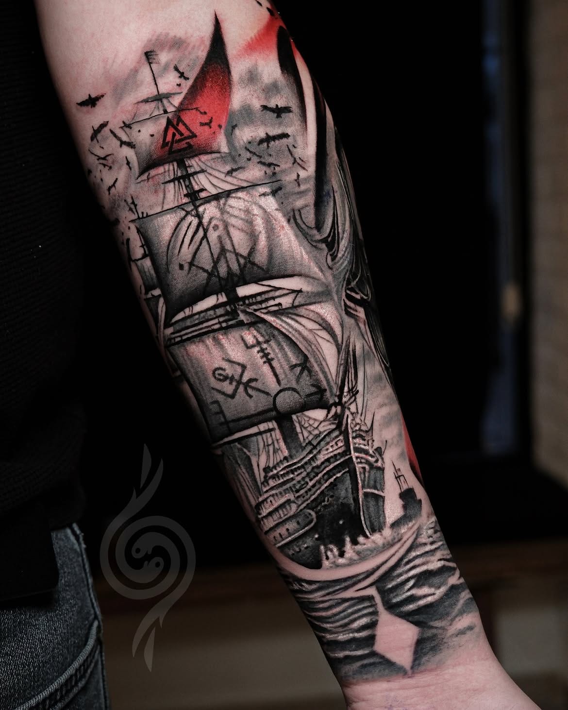 Realistic Sailing Ship Arm Tattoo With Norse Symbols