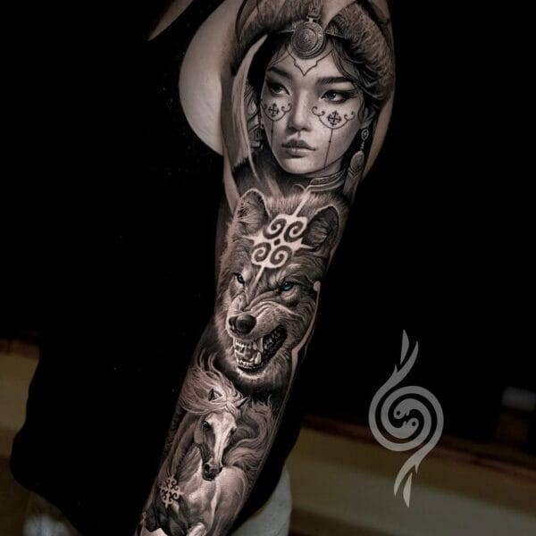 Central Asian Mythology Inspired Realism Sleeve Tattoo