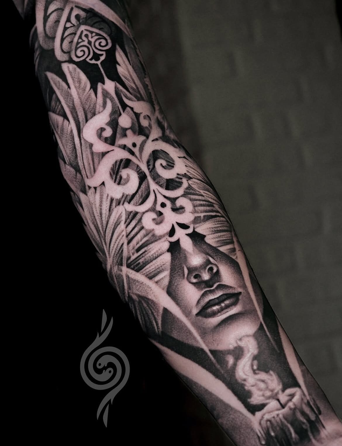 Black And Gray Realism Tattoo With Ornament Details On Arm