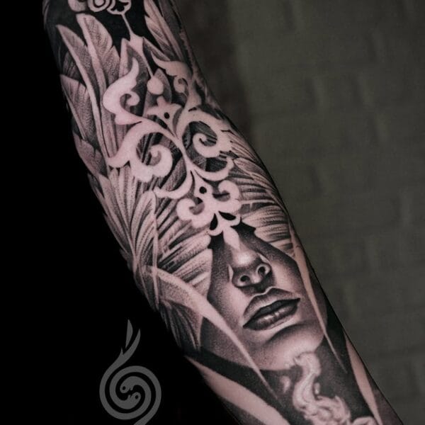 Black And Gray Realism Tattoo With Ornament Details On Arm
