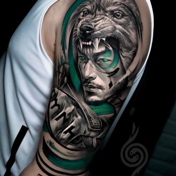 Realistic Wolf And Portrait Upper Arm Tattoo Mixed With Colors