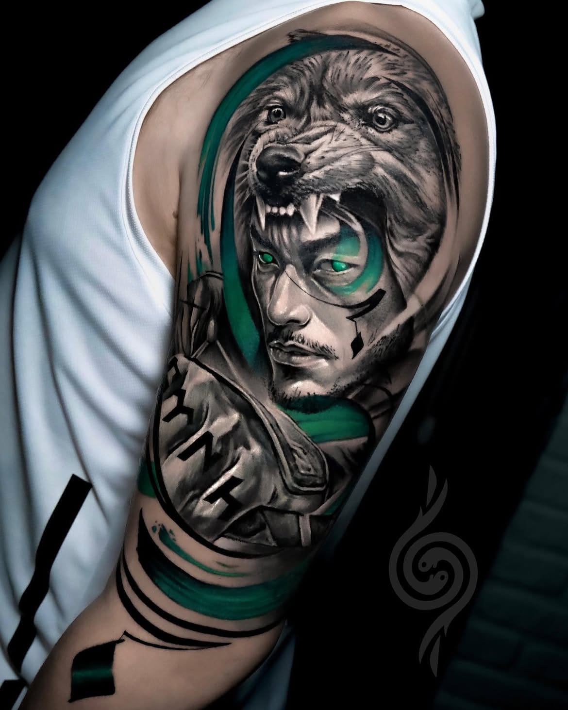 Realistic Wolf And Portrait Upper Arm Tattoo Mixed With Colors