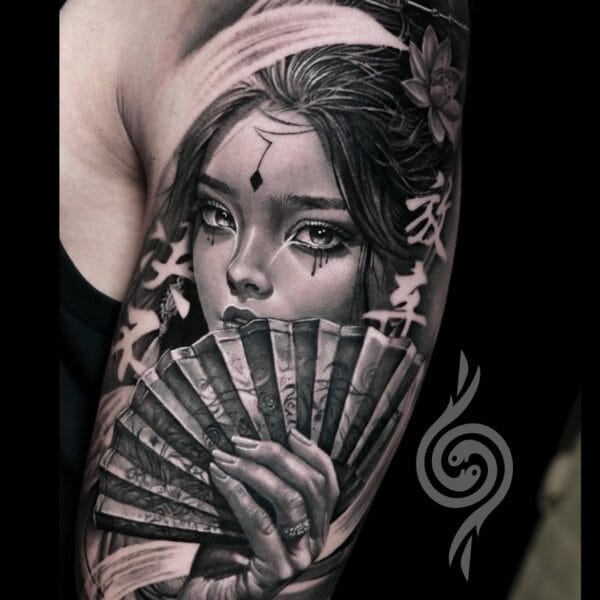 Japanese Woman With Fan Upper Arm Realism Tattoo