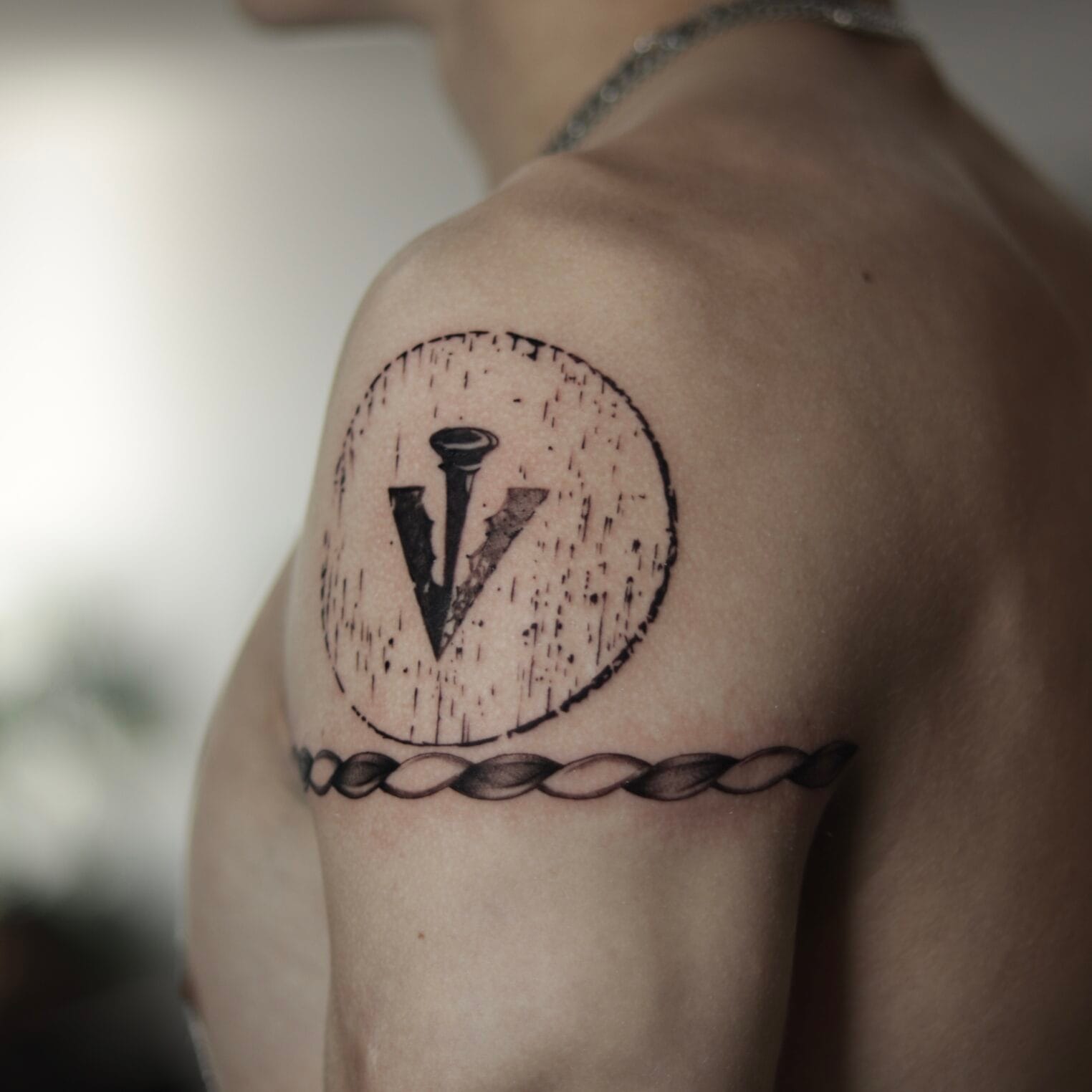 Symbolic Black And Gray Shoulder Tattoo