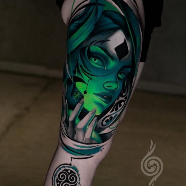 Colorful Fantasy Portrait Tattoo On The Upper Leg