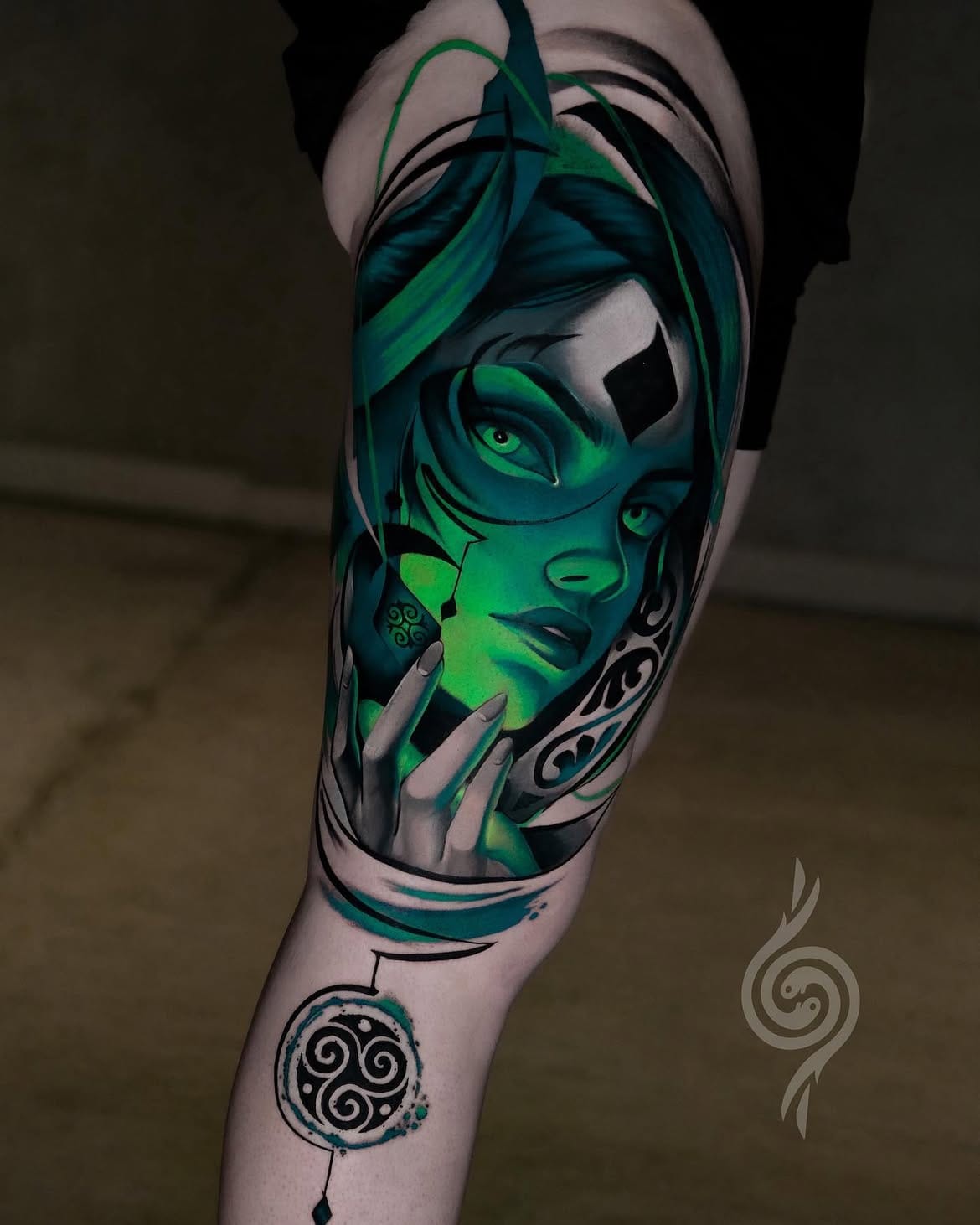 Colorful Fantasy Portrait Tattoo On The Upper Leg