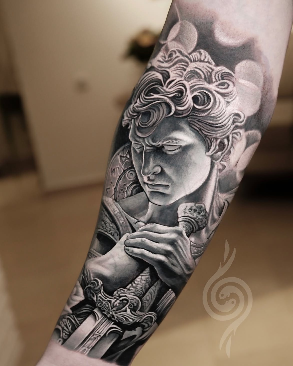 Greek Mythology Realism Forearm Tattoo With Sword
