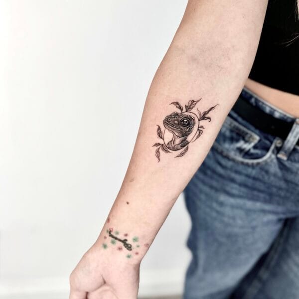Dinosaur Forearm Tattoo With Fine Line Details