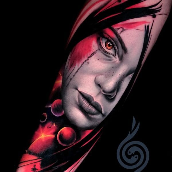 Realistic Portrait Forearm Tattoo With Red Abstract Background