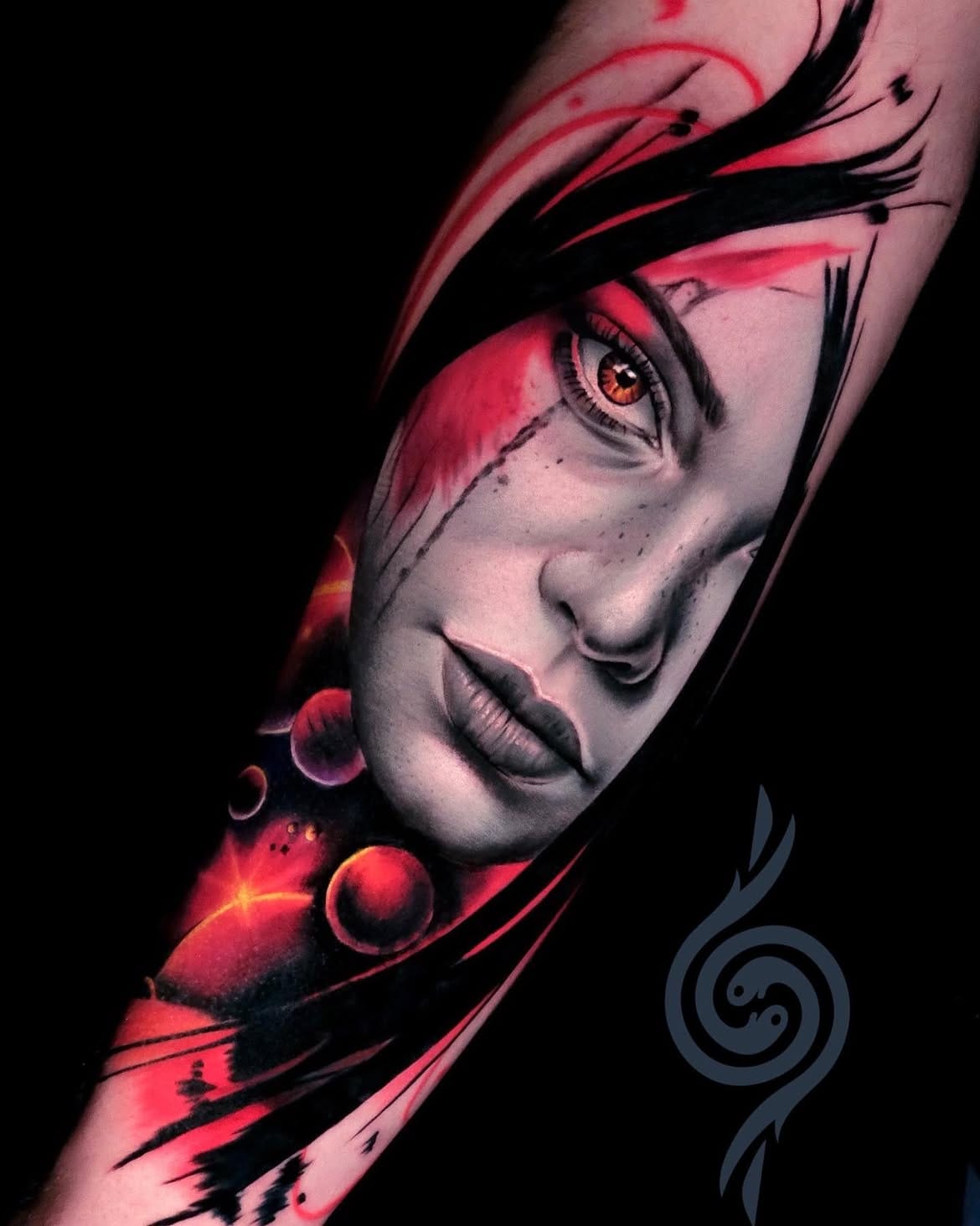 Realistic Portrait Forearm Tattoo With Red Abstract Background