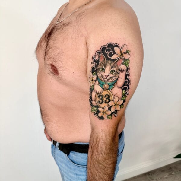 Japanese Lucky Cat Shoulder Tattoo