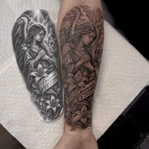 Black And Gray Guardian Angel Forearm Tattoo With Butterflies