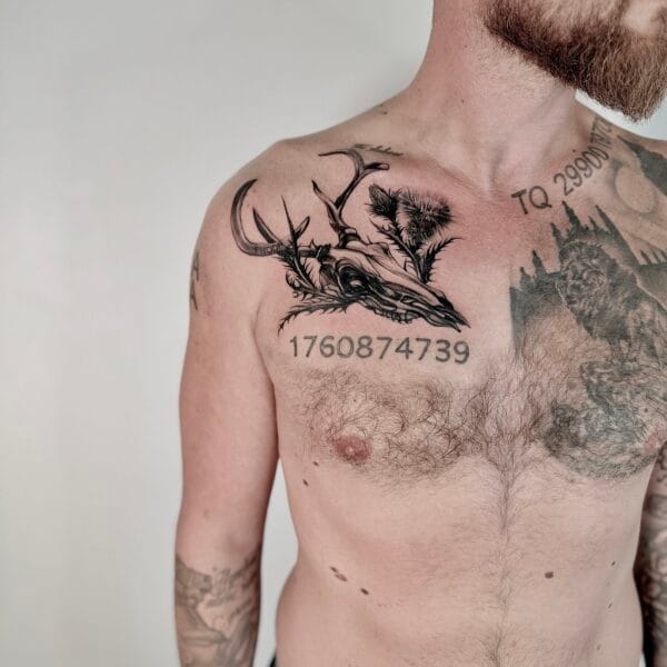 Black And Gray Deer Skull Tattoo On Chest