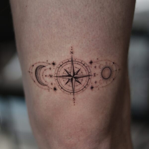 Travel Inspired Compass Tattoo Above The Knee With Stars